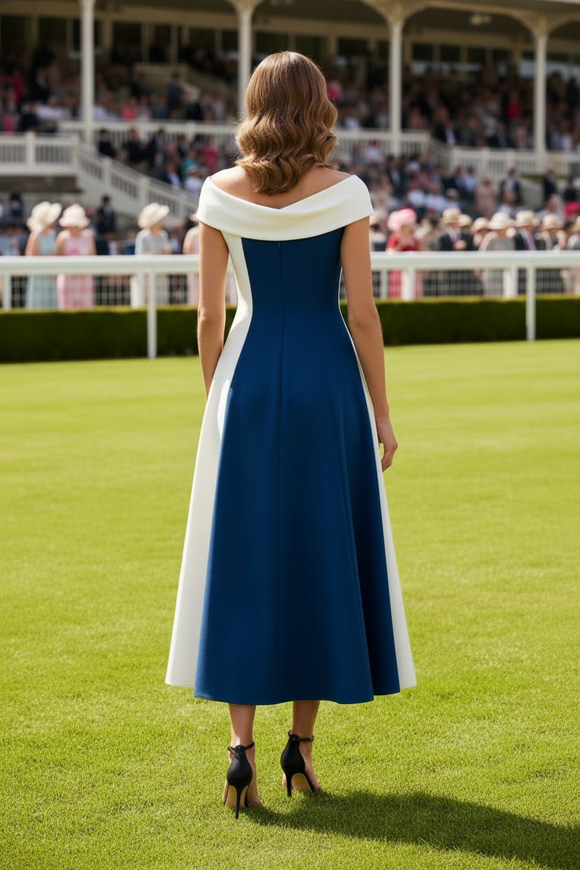 Two-Tone Cap Sleeve A-Line Midi Dress
