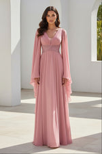 Cape Sleeve Chiffon Evening Gown with Beaded Waist