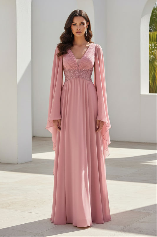 Cape Sleeve Chiffon Evening Gown with Beaded Waist