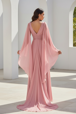Cape Sleeve Chiffon Evening Gown with Beaded Waist
