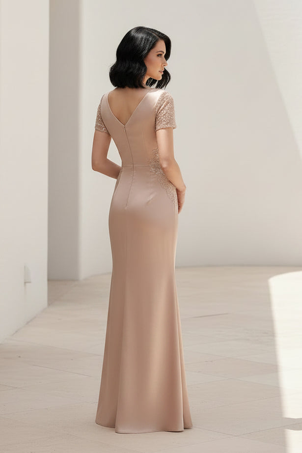 Sequin Sleeve Satin Sheath Evening Gown with Side Drape