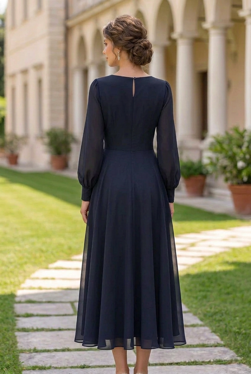 A-Line Dress with Bishop Sleeves and Rosette