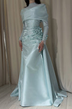 High Neck Satin Evening Gown with 3D Flowers