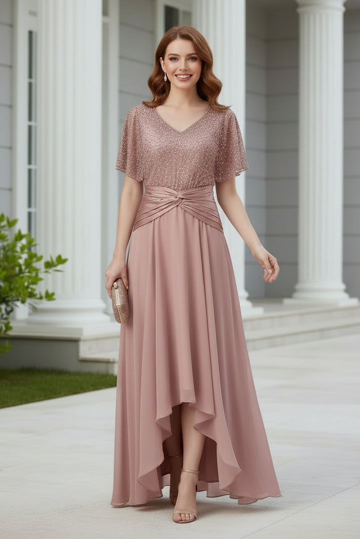 V-Neck Flutter Sleeve High-Low Evening Gown
