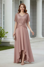 V-Neck Flutter Sleeve High-Low Evening Gown