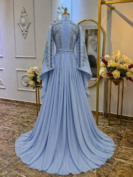 Embroidered Bell Sleeve Pleated Formal Evening Gown