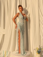 Halter Neck Lace Evening Gown with High Slit