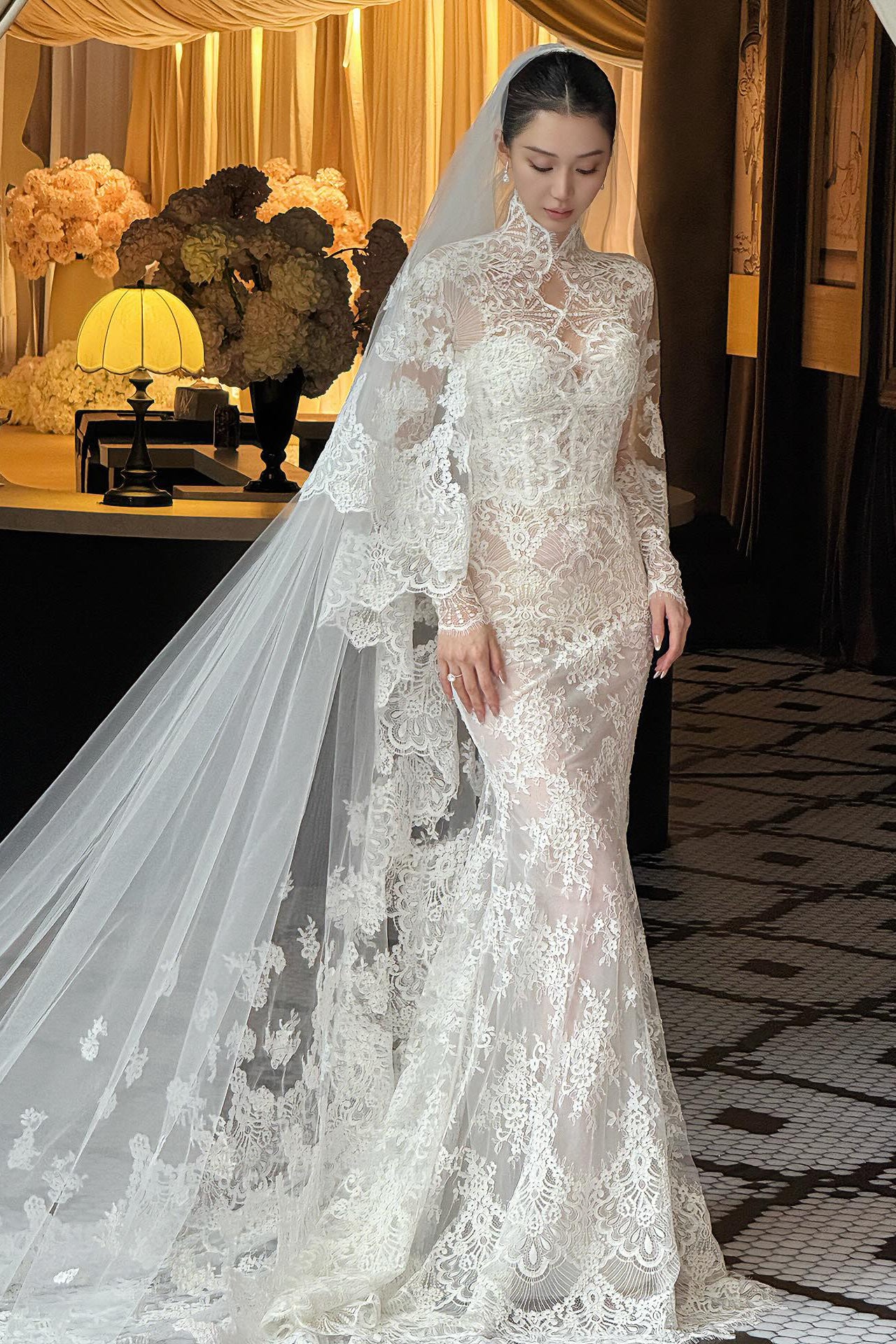 High Neck Long Sleeve Lace Mermaid Wedding Dress