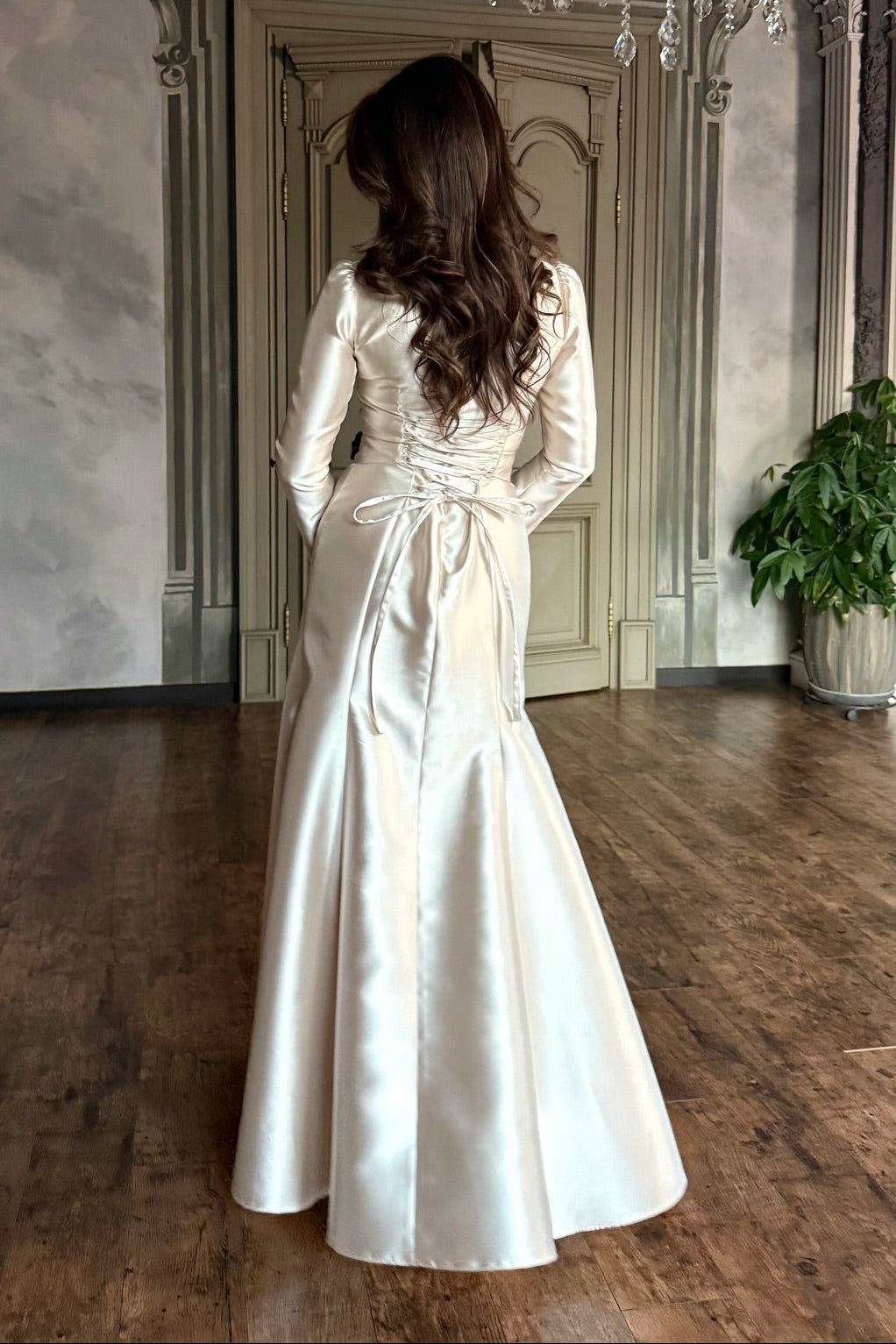 Long Sleeve Satin Evening Gown with Corset Back