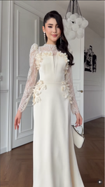 Lace Sleeve Floral Appliqué Evening Gown
