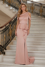 One-Shoulder Peplum Evening Gown with Slit