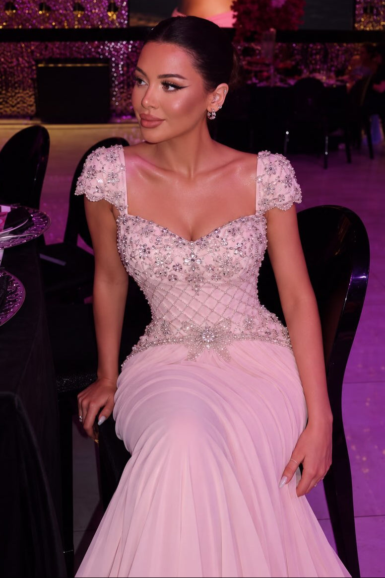 Beaded Cap Sleeve A-Line Chiffon Maxi Gown