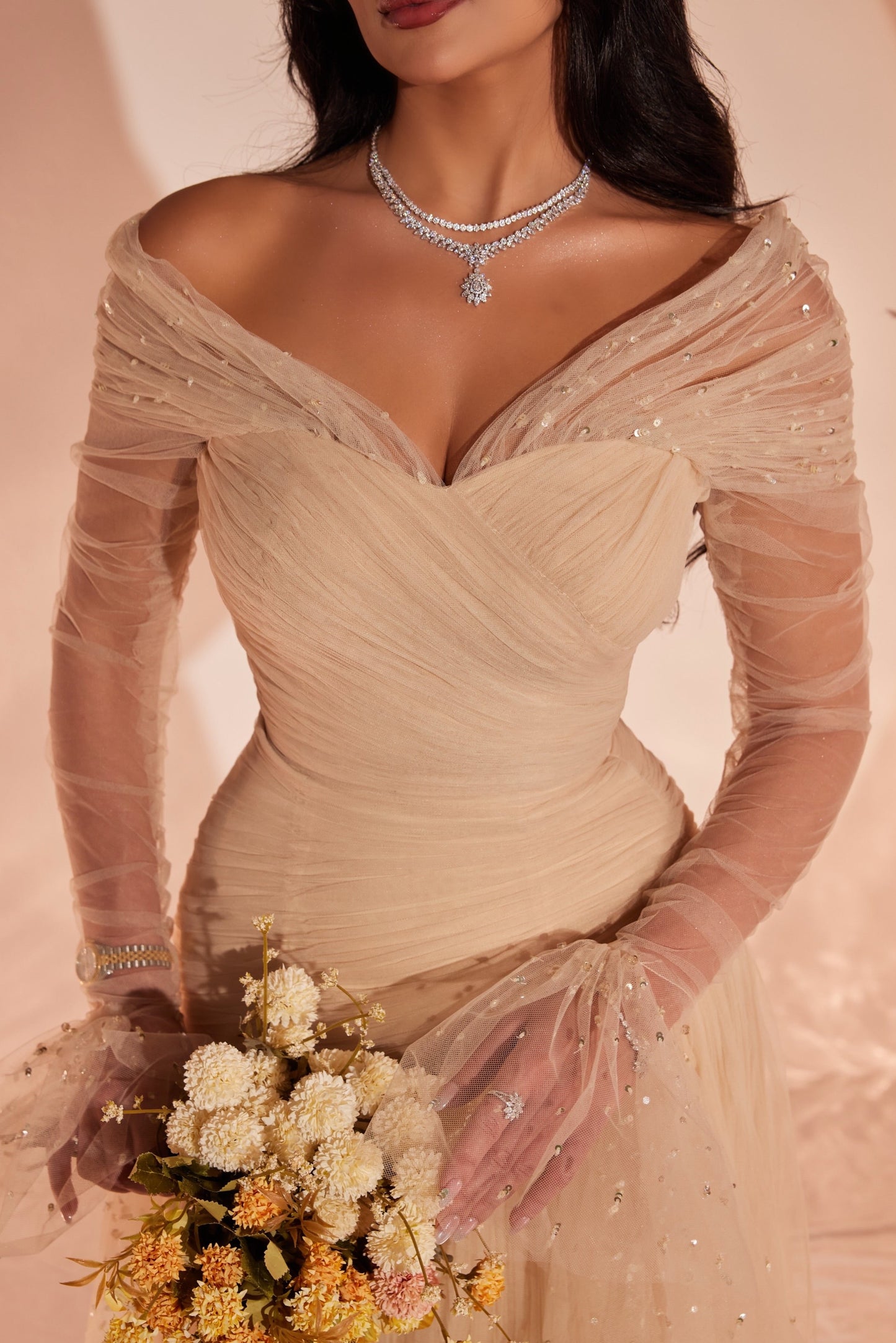 Off-the-Shoulder Ruched Tulle Evening Gown
