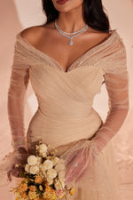 Off-the-Shoulder Ruched Tulle Evening Gown
