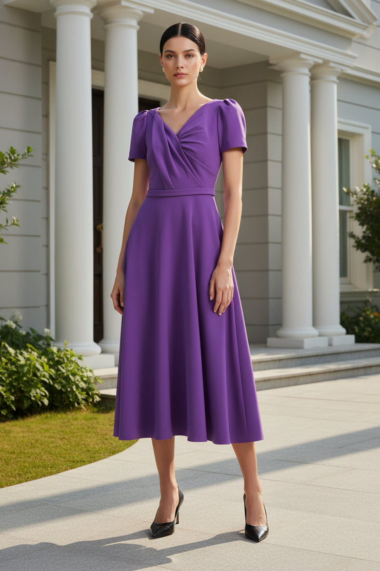Elegant Pleated Wrap A-Line Midi Dress