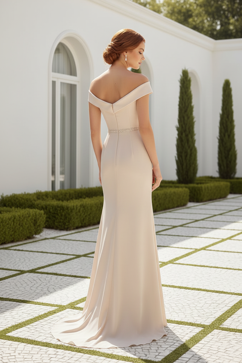 Off-Shoulder Beaded Lace Applique Evening Gown