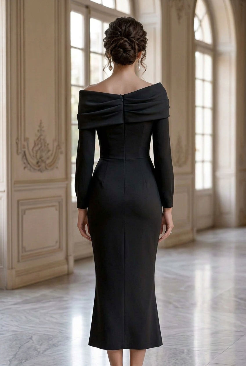 Off-the-Shoulder Draped Midi Dress with Sleeves