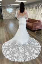Lace Mermaid Wedding Dress with Sheer Bishop Sleeves