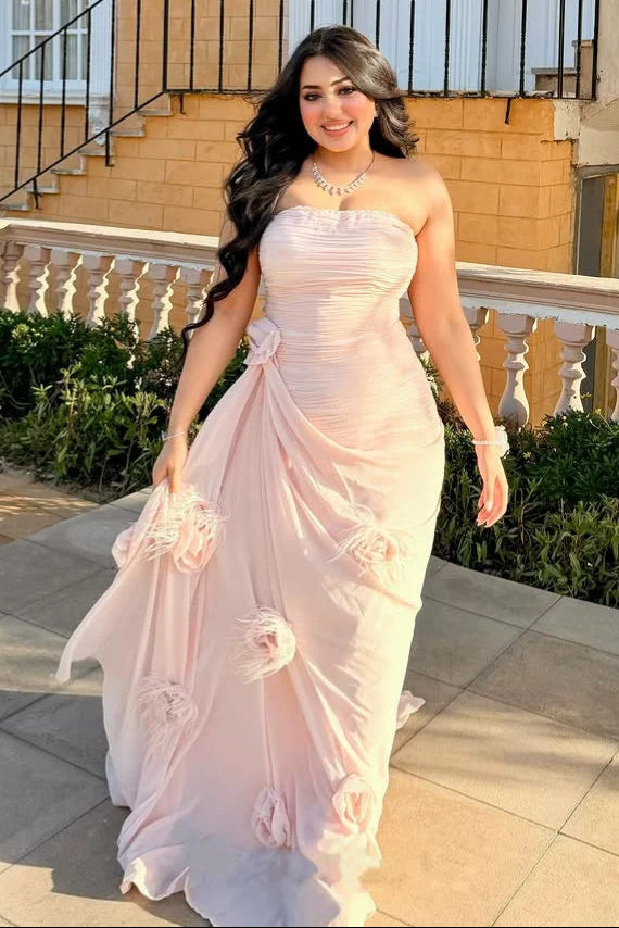 Strapless Ruched Evening Gown with 3D Flowers