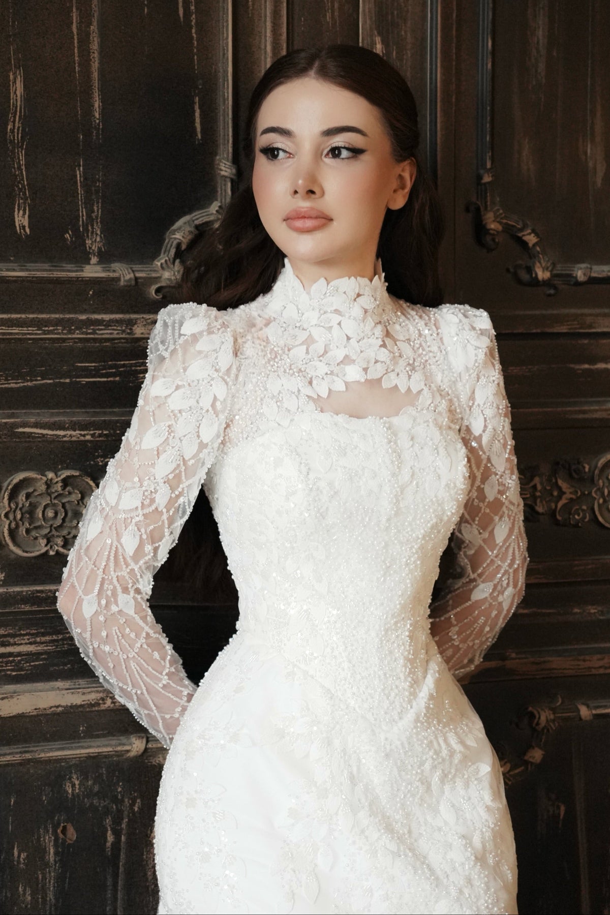 High-Neck Lace Wedding Dress with Long Sleeves