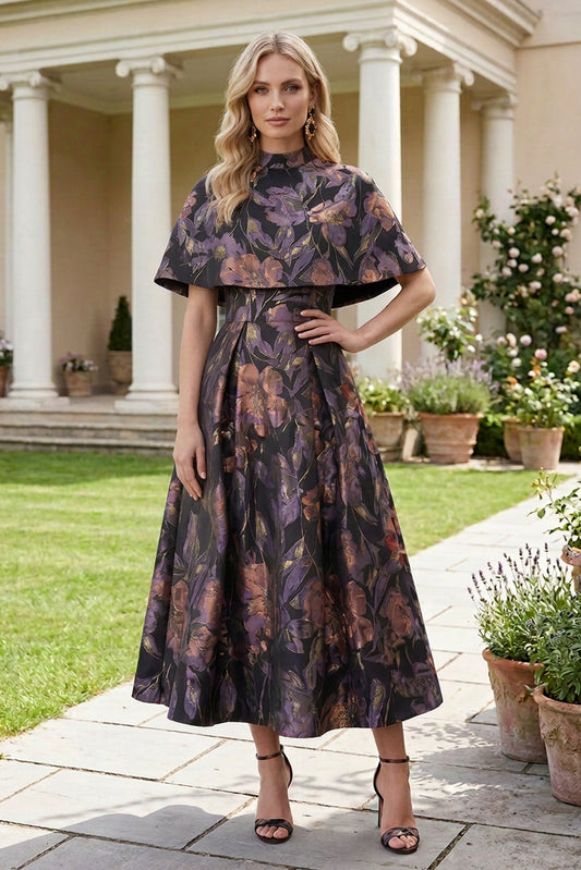 Floral Jacquard Capelet Midi Dress