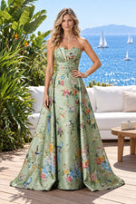 Strapless Floral Print Satin A-Line Gown