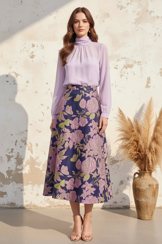 High-Neck Chiffon Blouse and Jacquard Midi Skirt Set