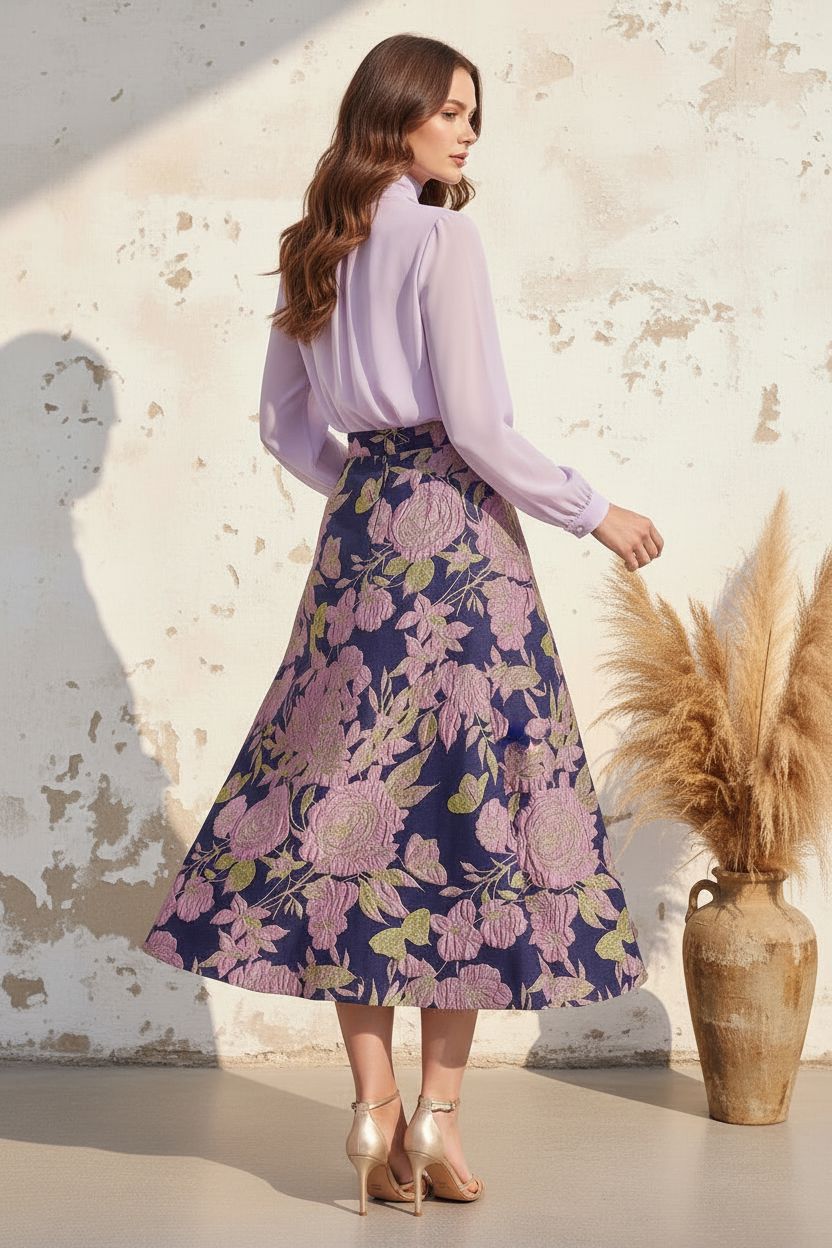 High-Neck Chiffon Blouse and Jacquard Midi Skirt Set