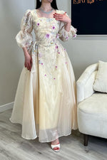 Floral Applique Puff Sleeve A-Line Gown