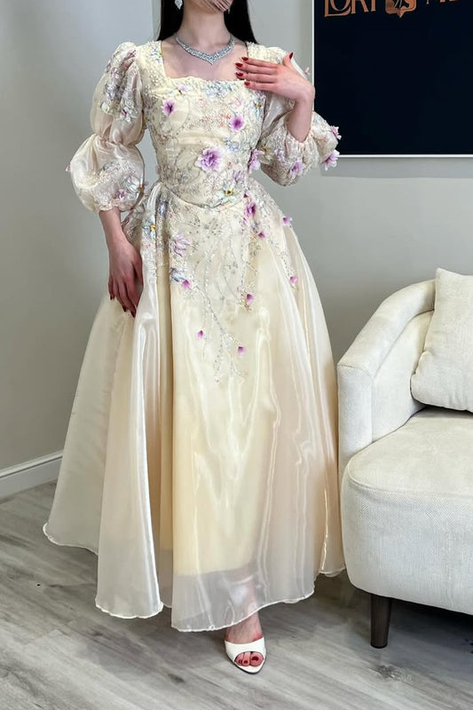 Floral Applique Puff Sleeve A-Line Gown