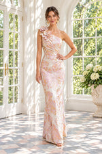 One-Shoulder Floral Jacquard Gown with 3D Flowers