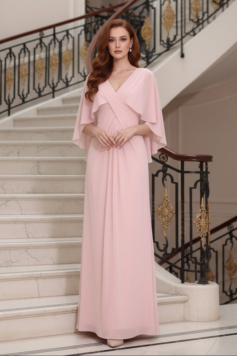Chiffon Cape Maxi Dress with Pleated V-Neck Bodice
