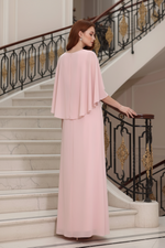 Chiffon Cape Maxi Dress with Pleated V-Neck Bodice