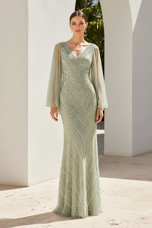 V-Neck Cape Sleeve Beaded Column Evening Gown