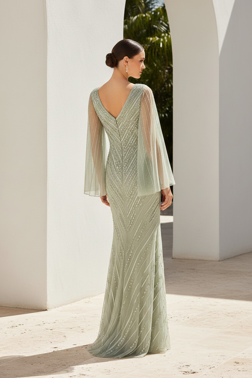 V-Neck Cape Sleeve Beaded Column Evening Gown