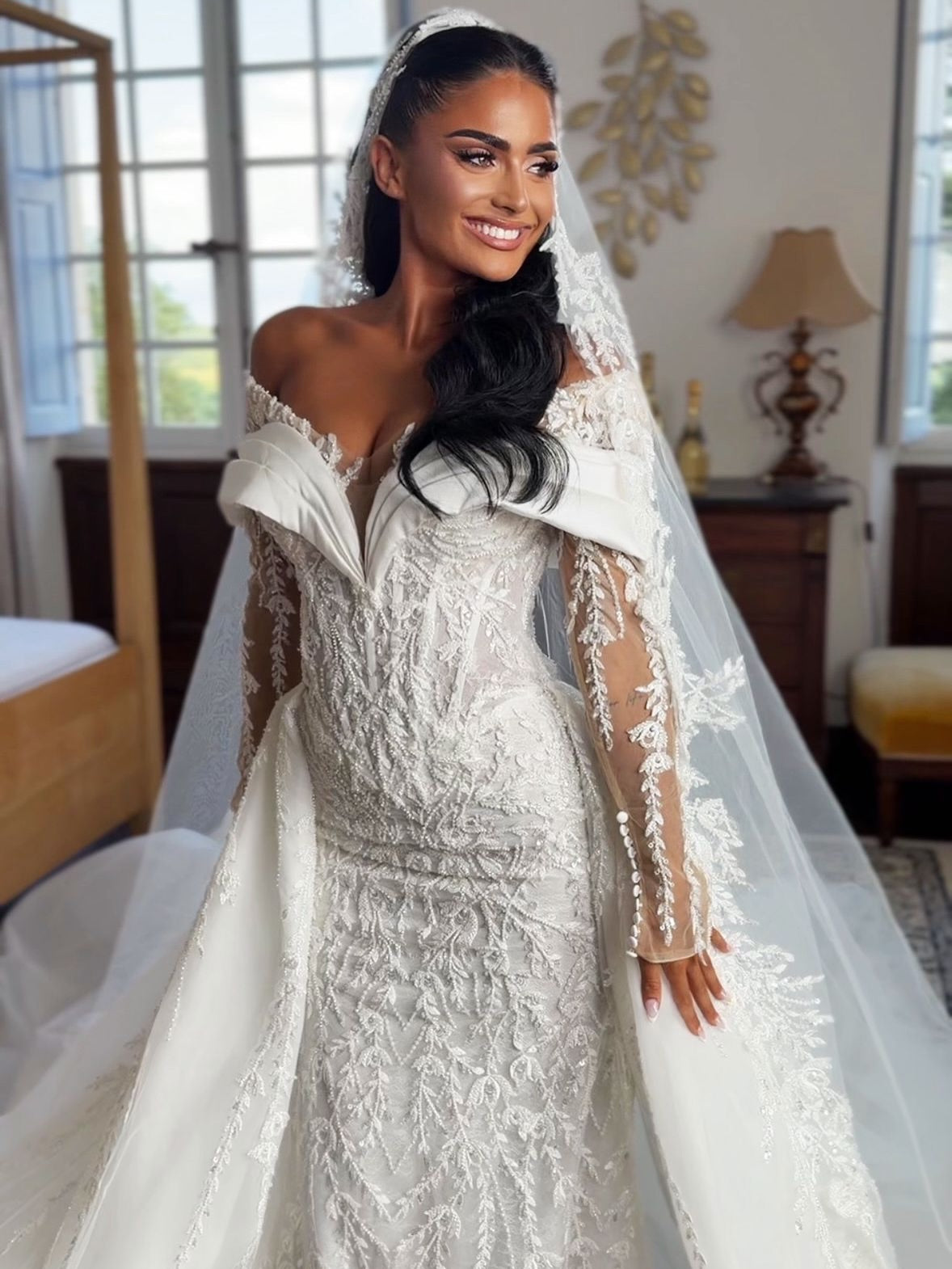 Off-the-Shoulder Mermaid Wedding Dress with Overskirt