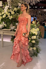 Strapless 3D Floral Tiered Ruffle Evening Gown