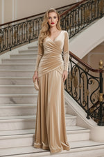 Ruched Velvet Long Sleeve V-Neck Formal Gown