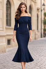 Off-the-Shoulder 3/4 Sleeve Trumpet Midi Dress