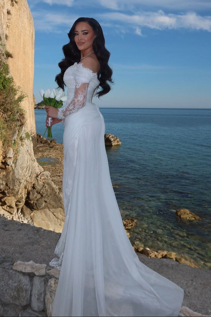 Off-Shoulder Lace Long Sleeve Mermaid Wedding Gown