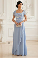 Lace Bodice Square Neck Chiffon Evening Gown