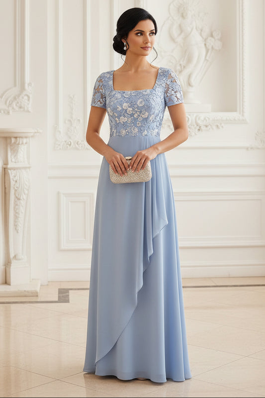 Lace Bodice Square Neck Chiffon Evening Gown