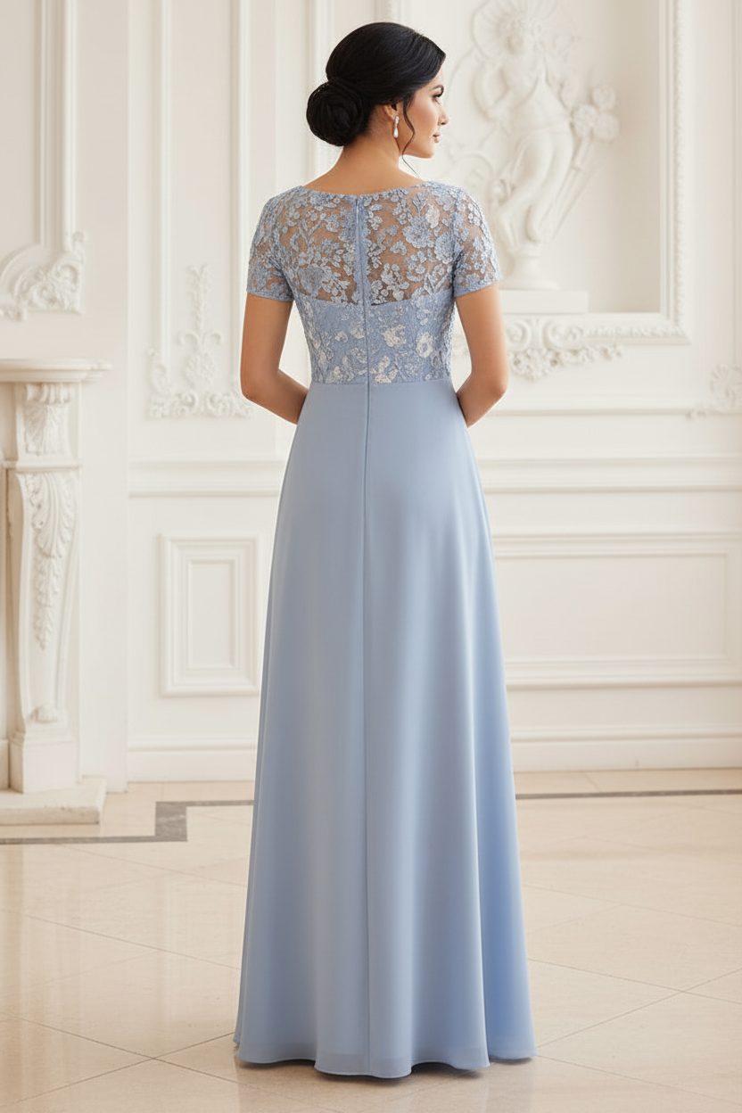 Lace Bodice Square Neck Chiffon Evening Gown