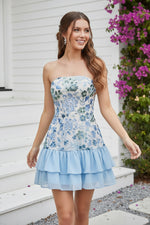 Strapless Floral Sequin Tiered Mini Dress