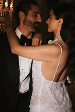 Cowl Neck Lace Slip Wedding Dress with Sweep Train
