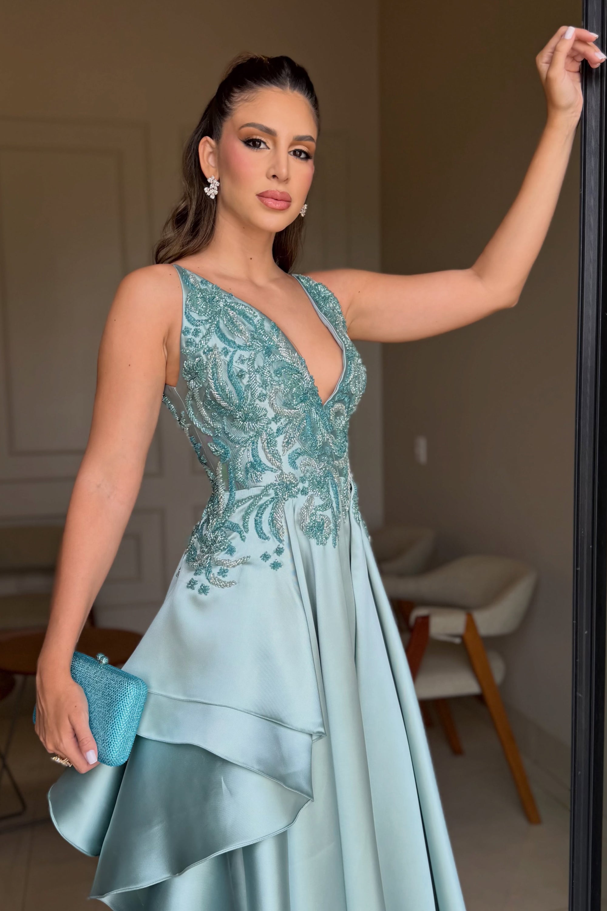 Beaded Bodice Satin A-Line Gown with Cascading Skirt