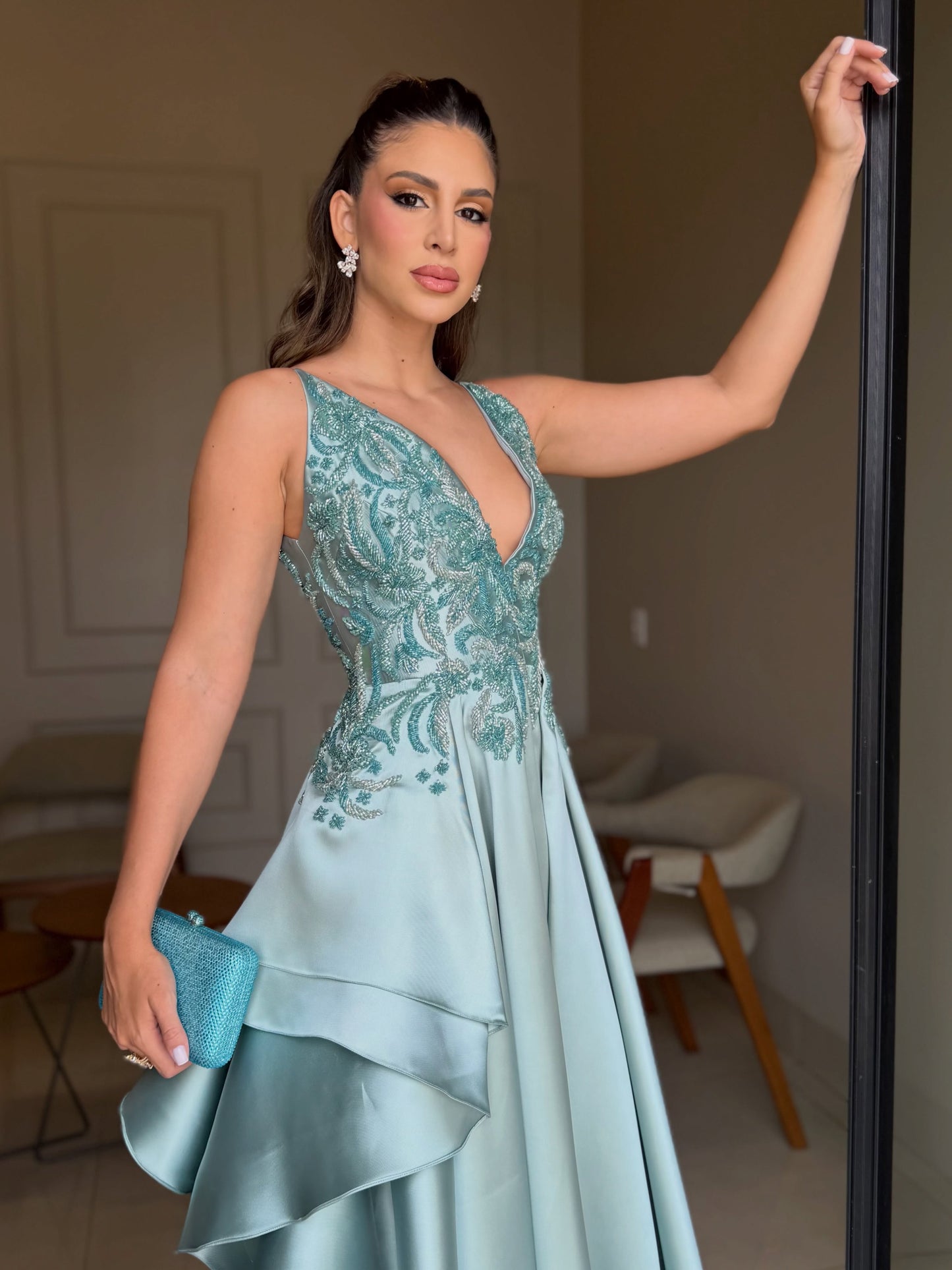 Beaded Bodice Satin A-Line Gown with Cascading Skirt