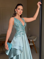 Beaded Bodice Satin A-Line Gown with Cascading Skirt