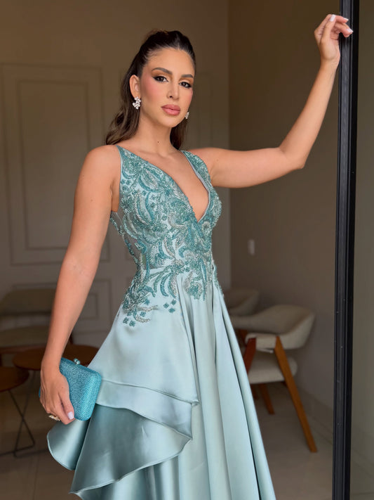 Beaded Bodice Satin A-Line Gown with Cascading Skirt