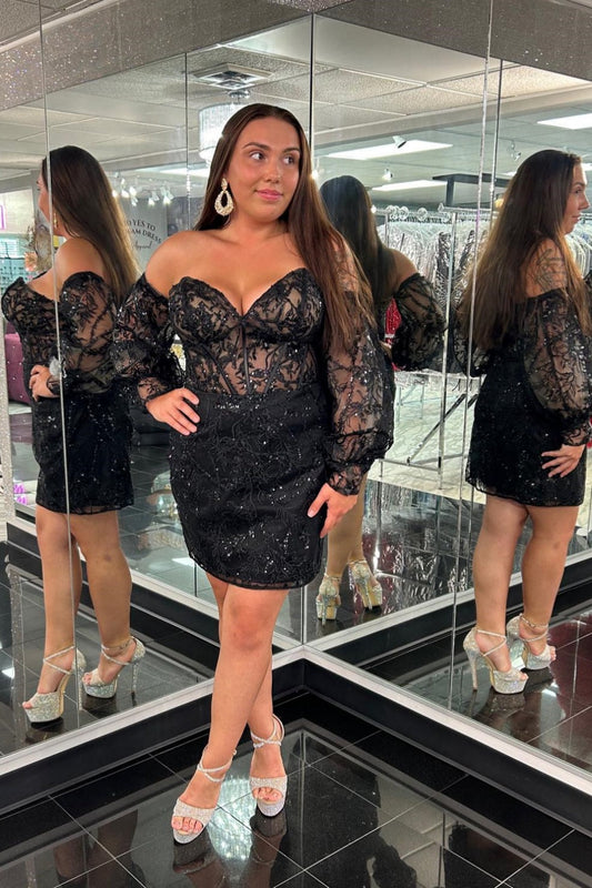 Off-Shoulder Lace Corset Mini Dress with Long Sleeves